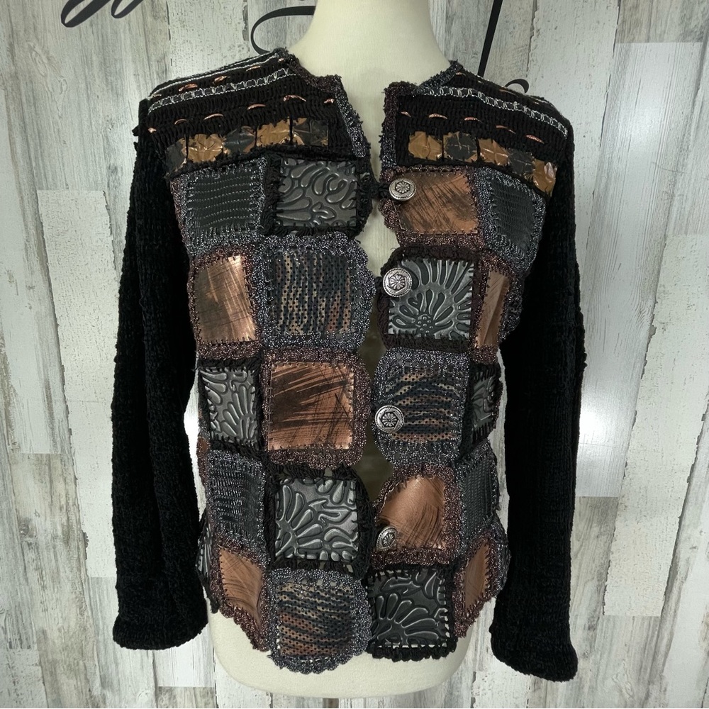 Sandy Starkman Women’s Black Copper Knit Cardigan Is With Metal Square Details M
